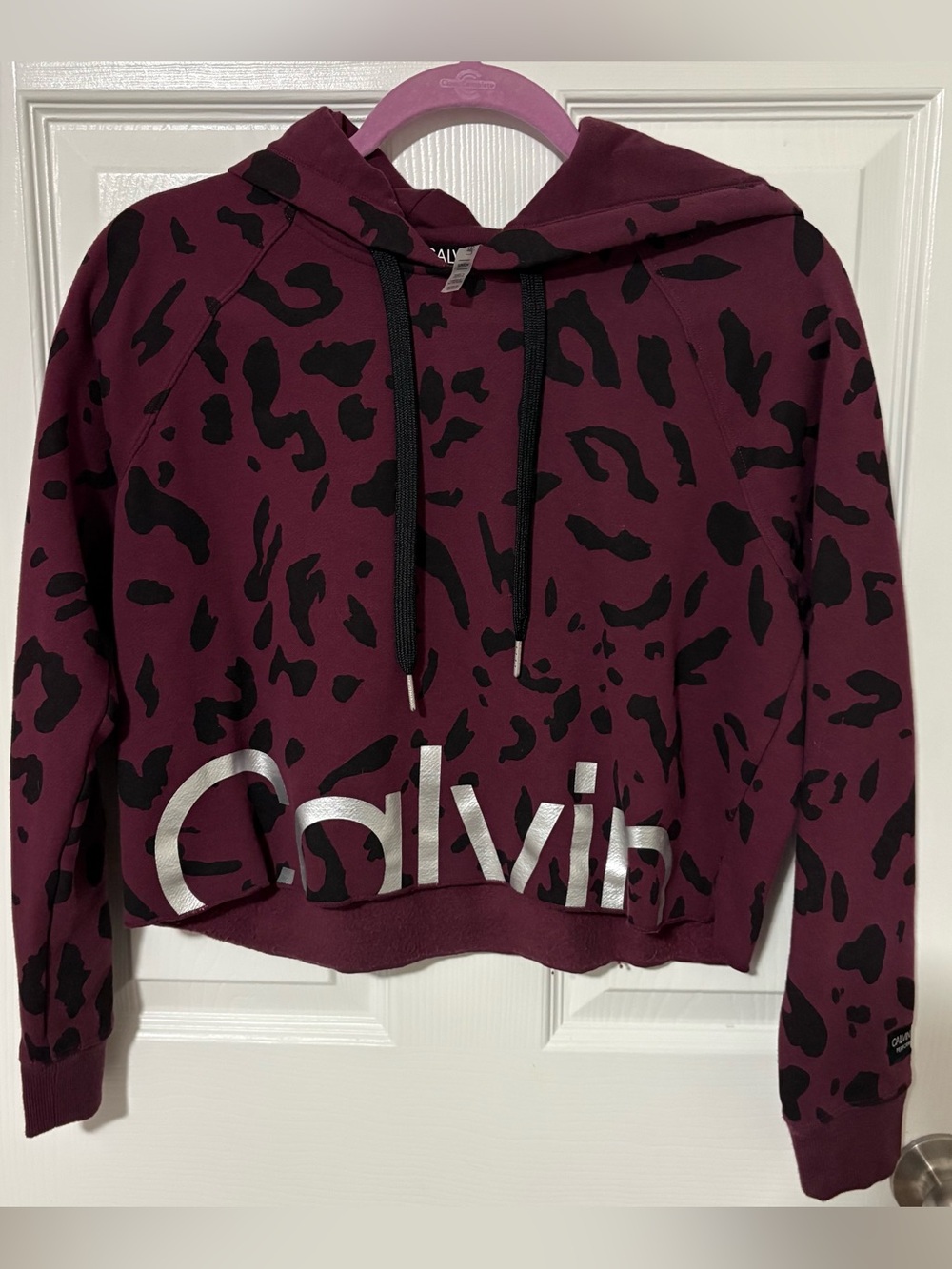 Calvin Klein Maroon Leopard-Print Hoodie Sweatshirt with Silver Logo